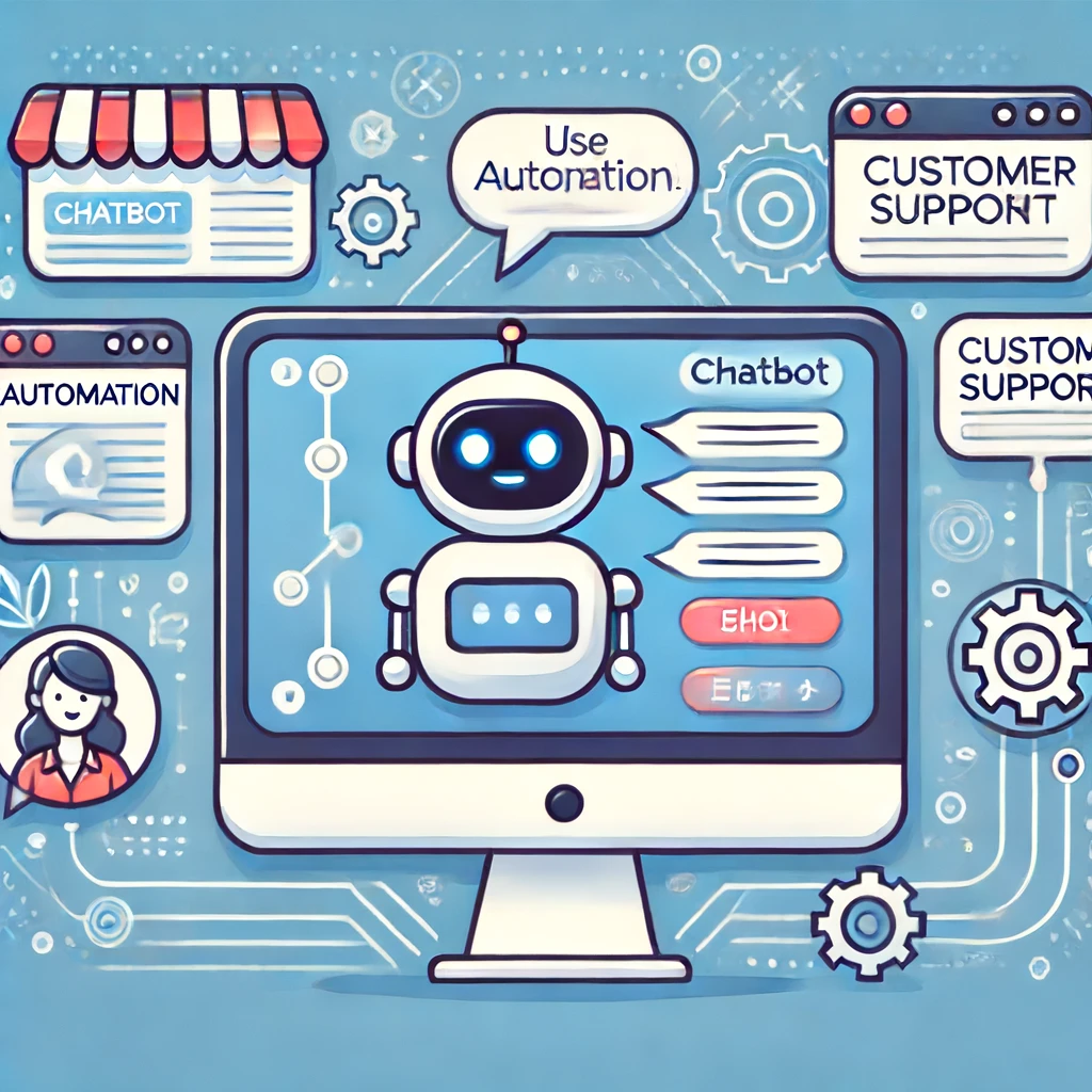 Ilustração mostrando o uso de chatbots em um site, incluindo uma interface de chatbot, um fluxo de conversação, e ícones representando automação, suporte ao cliente e engajamento do usuário, mostrando como os chatbots podem ajudar os usuários e melhorar as conversões