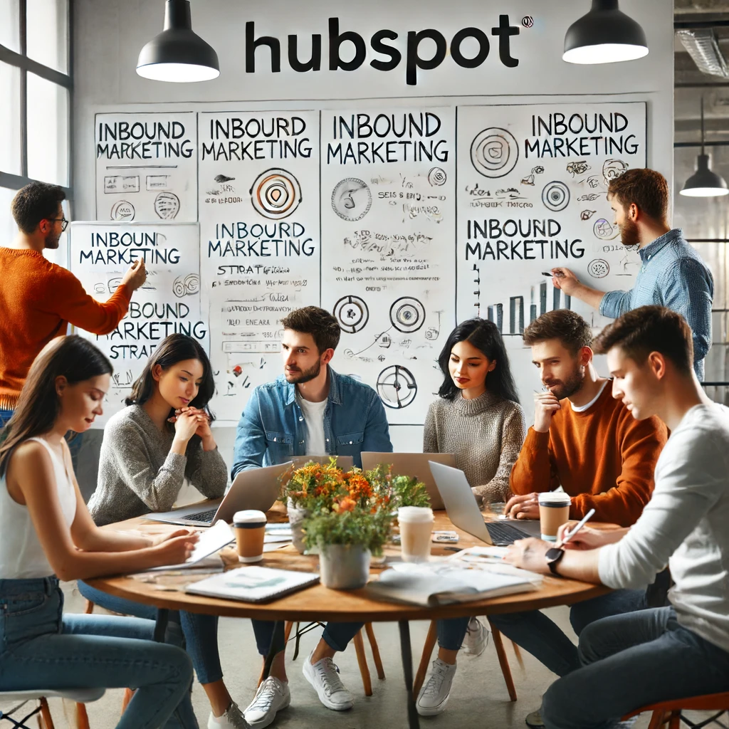 Equipe de marketing da HubSpot trabalhando em conjunto em um escritório moderno, com quadros brancos cobertos de planos de marketing e gráficos