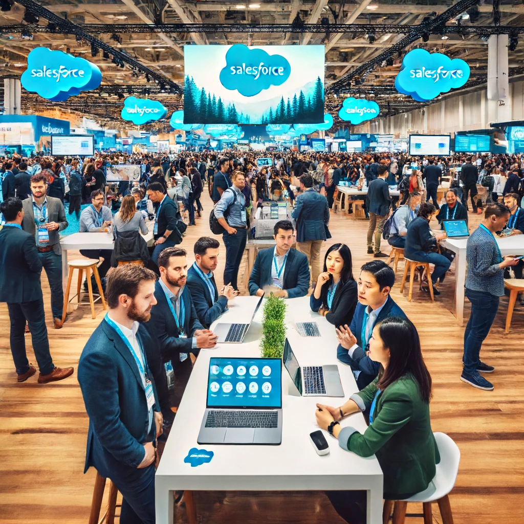 Equipe da Salesforce em um grande evento como o Dreamforce, com estandes e banners ao fundo. Os funcionários estão engajados em discussões com os participantes, apresentando soluções da Salesforce em telas digitais e laptops. O ambiente é vibrante e profissional