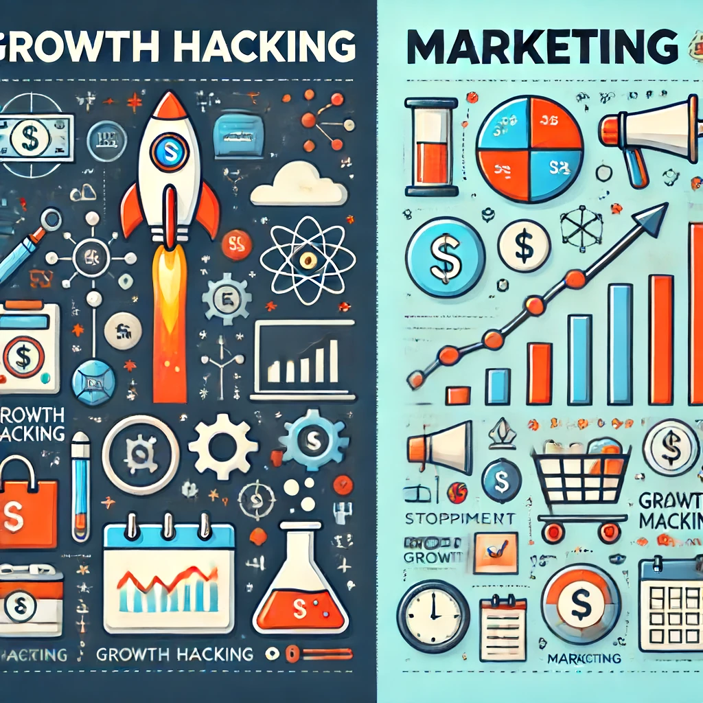 A visual comparison between Growth Hacking and Marketing. 