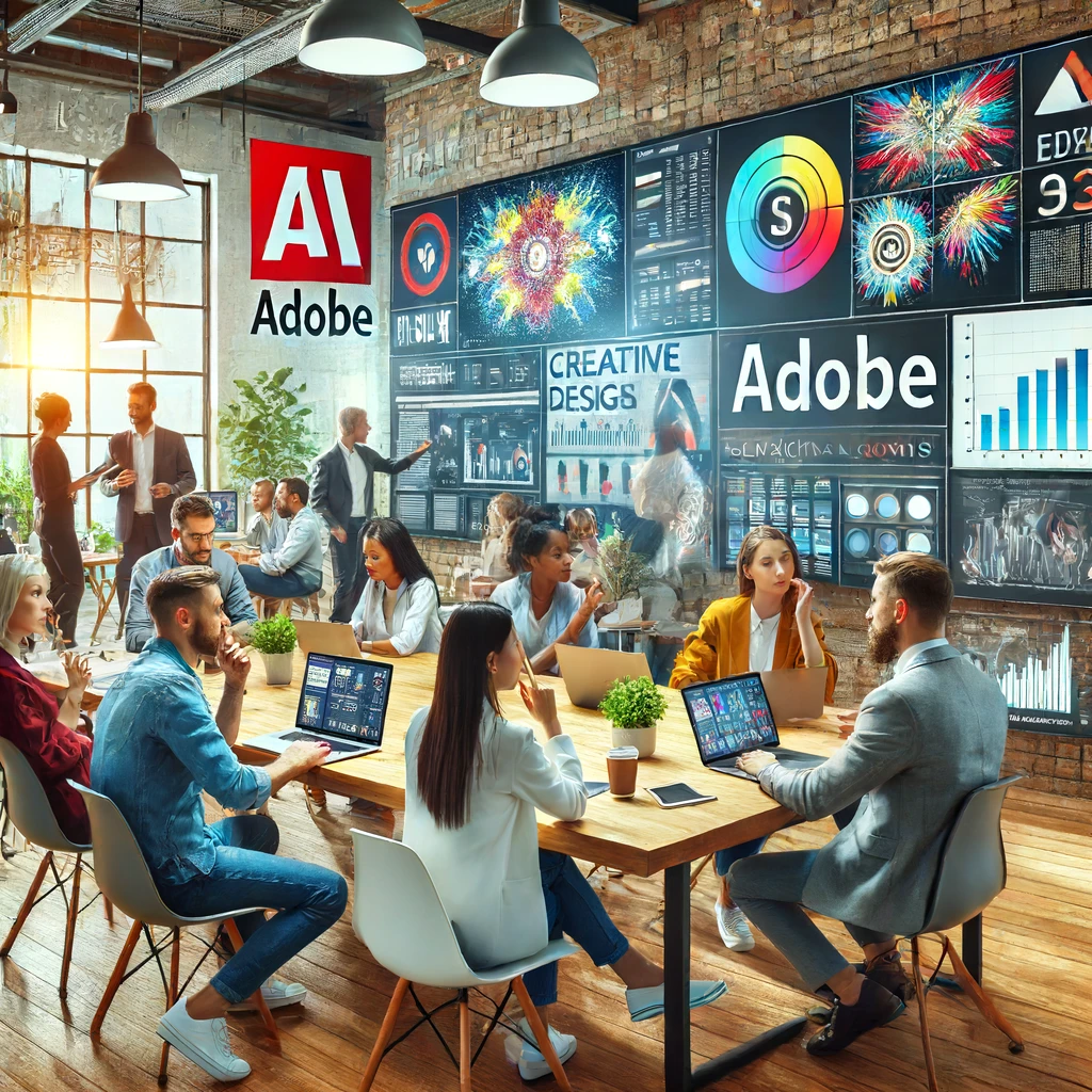 Equipe diversificada da Adobe colaborando em um escritório moderno, com grandes telas exibindo designs criativos e análises de marketing. Os membros da equipe estão usando diversos softwares da Adobe em laptops e tablets, discutindo estratégias de marketing e projetos criativos. O ambiente é inovador e energético