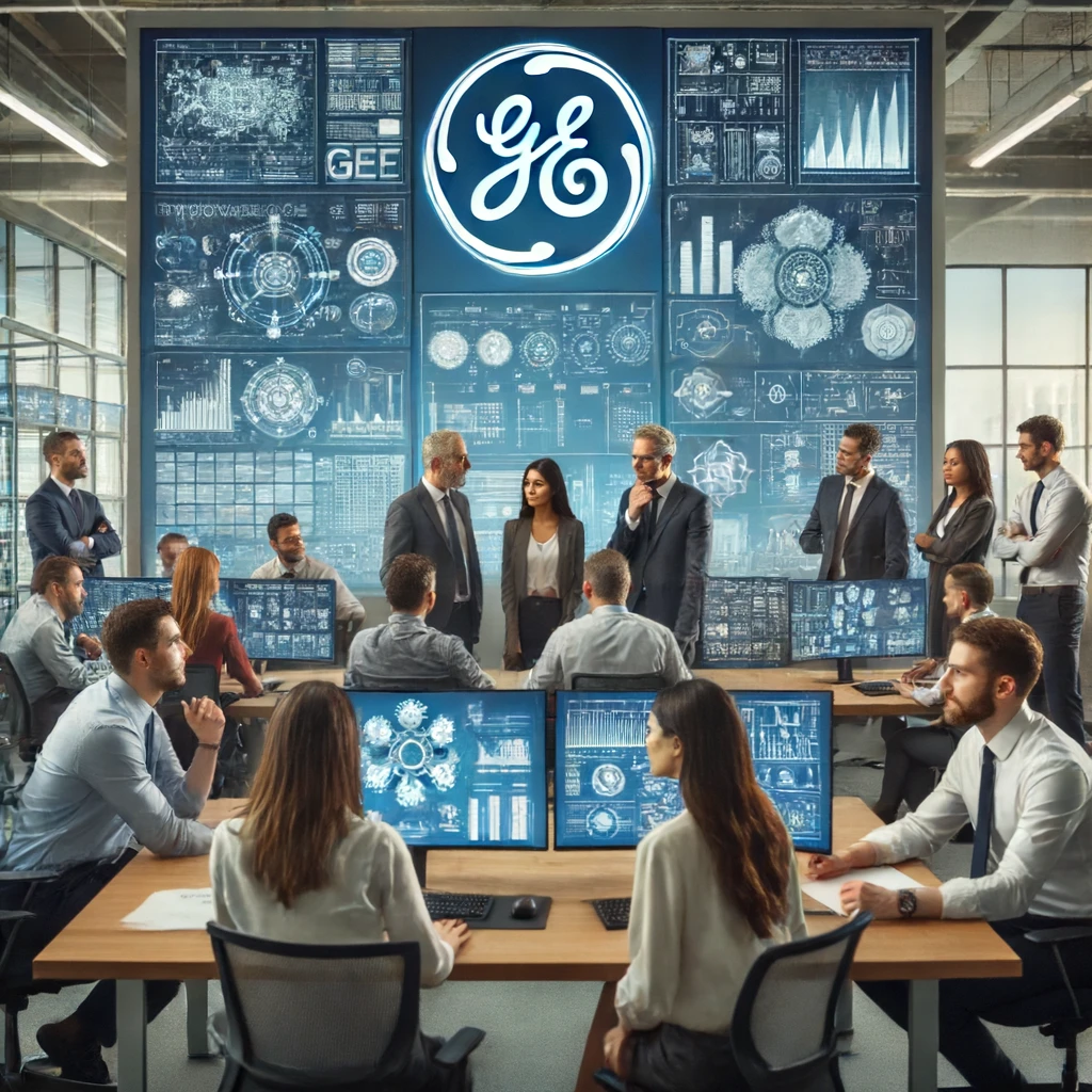 Equipe diversificada da General Electric (GE) trabalhando em um escritório de alta tecnologia, com telas exibindo tecnologias avançadas e projetos de engenharia. A equipe está engajada em uma discussão sobre inovação e soluções tecnológicas. O ambiente é futurista e profissional