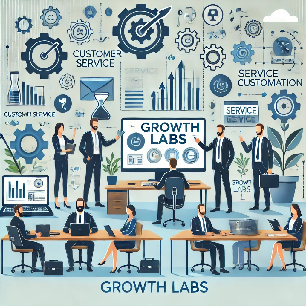 Foto de equipe da Growth Labs trabalhando em um ambiente colaborativo, representando o atendimento ao cliente e a personalização de serviços