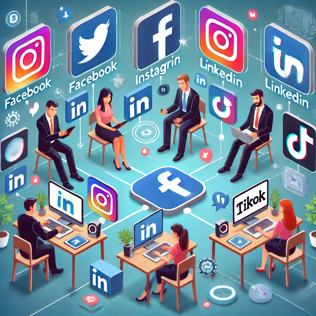 Uma equipe gerenciando diferentes contas de redes sociais em vários dispositivos, com ícones de Facebook, Instagram, LinkedIn e TikTok visíveis