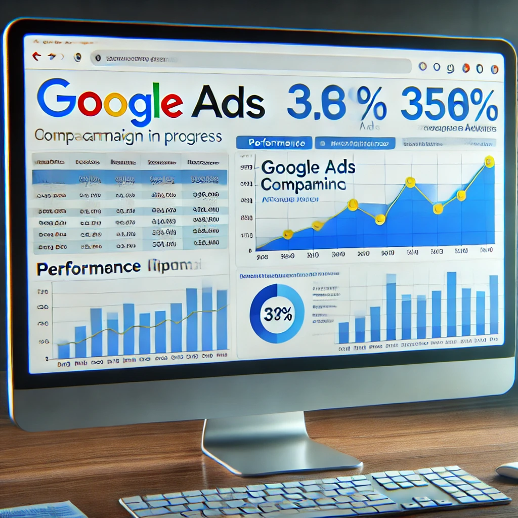 Uma tela de computador mostrando uma campanha de Google Ads em execução, com gráficos de desempenho ao lado.