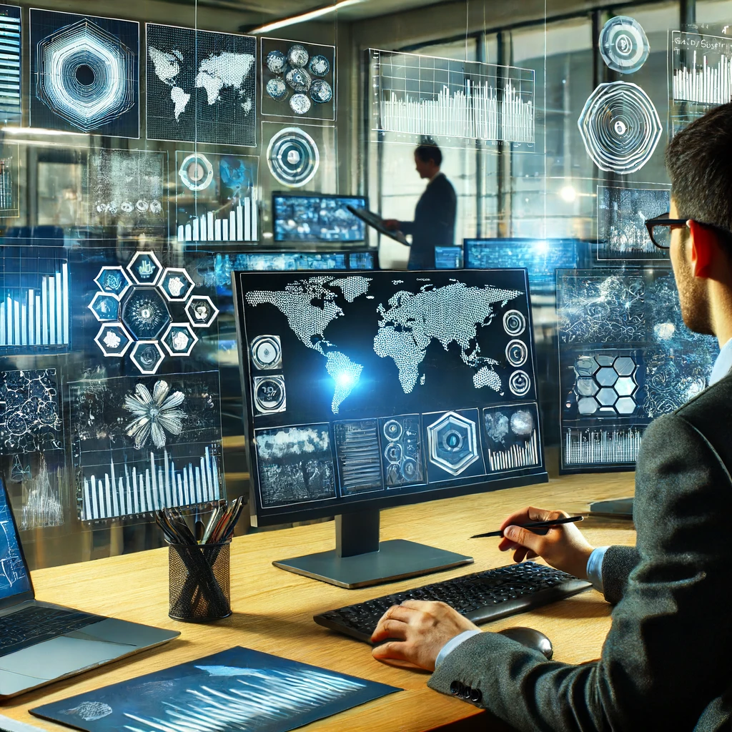Um analista de dados trabalhando em várias telas cheias de gráficos, diagramas e visualizações de dados. O fundo mostra um escritório moderno com foco em tecnologia e análise. O ambiente é profissional e focado