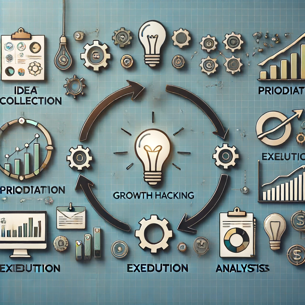 Uma representação visual do ciclo de growth hacking com quatro etapas: Coleta de Ideias, Priorização, Execução e Análise. O cenário inclui fluxogramas, setas e ícones representando cada etapa. O ambiente é metódico e organizado