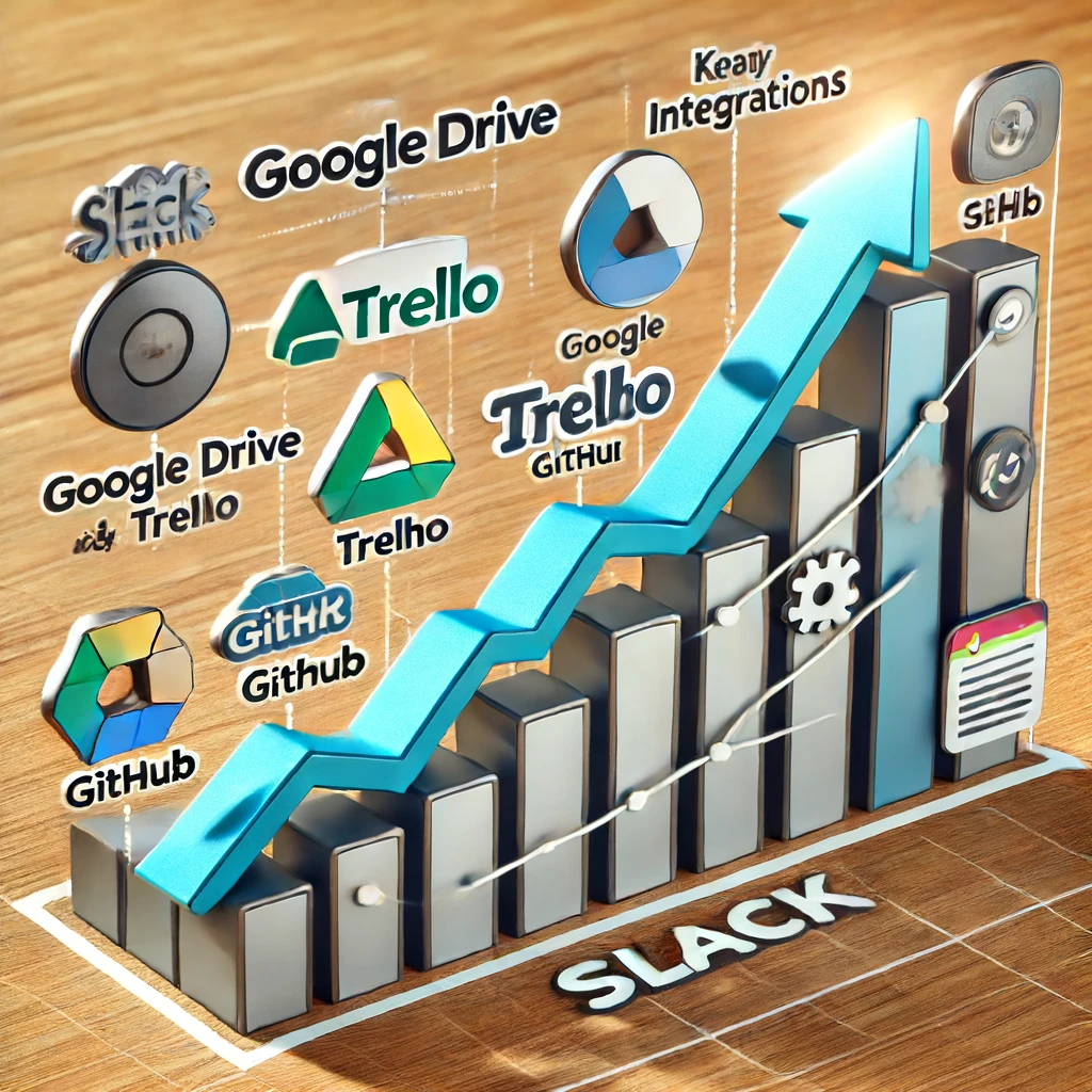 Gráfico detalhado mostrando o que é growth hacking para o slack, o crescimento dele ao longo do tempo, destacando integrações chave com ferramentas populares como Google Drive, Trello e GitHub, com etiquetas claras para os períodos de tempo e marcos para cada integração, mostrando uma tendência ascendente acentuada