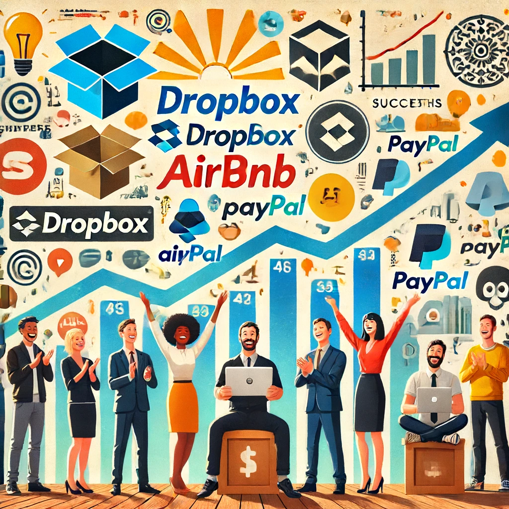 Uma colagem de histórias de sucesso de empresas como Dropbox, Airbnb e PayPal. A imagem inclui logotipos e elementos visuais chave representando crescimento, como gráficos mostrando tendências ascendentes e usuários felizes. O ambiente é celebratório e triunfante