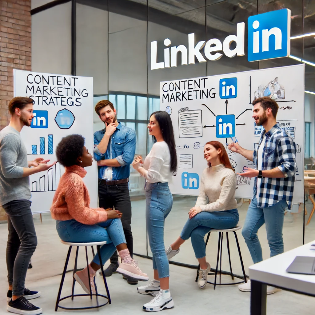 Equipe de marketing do LinkedIn colaborando em um escritório moderno, discutindo estratégias de marketing de conteúdo com quadros brancos e gráficos ao fundo