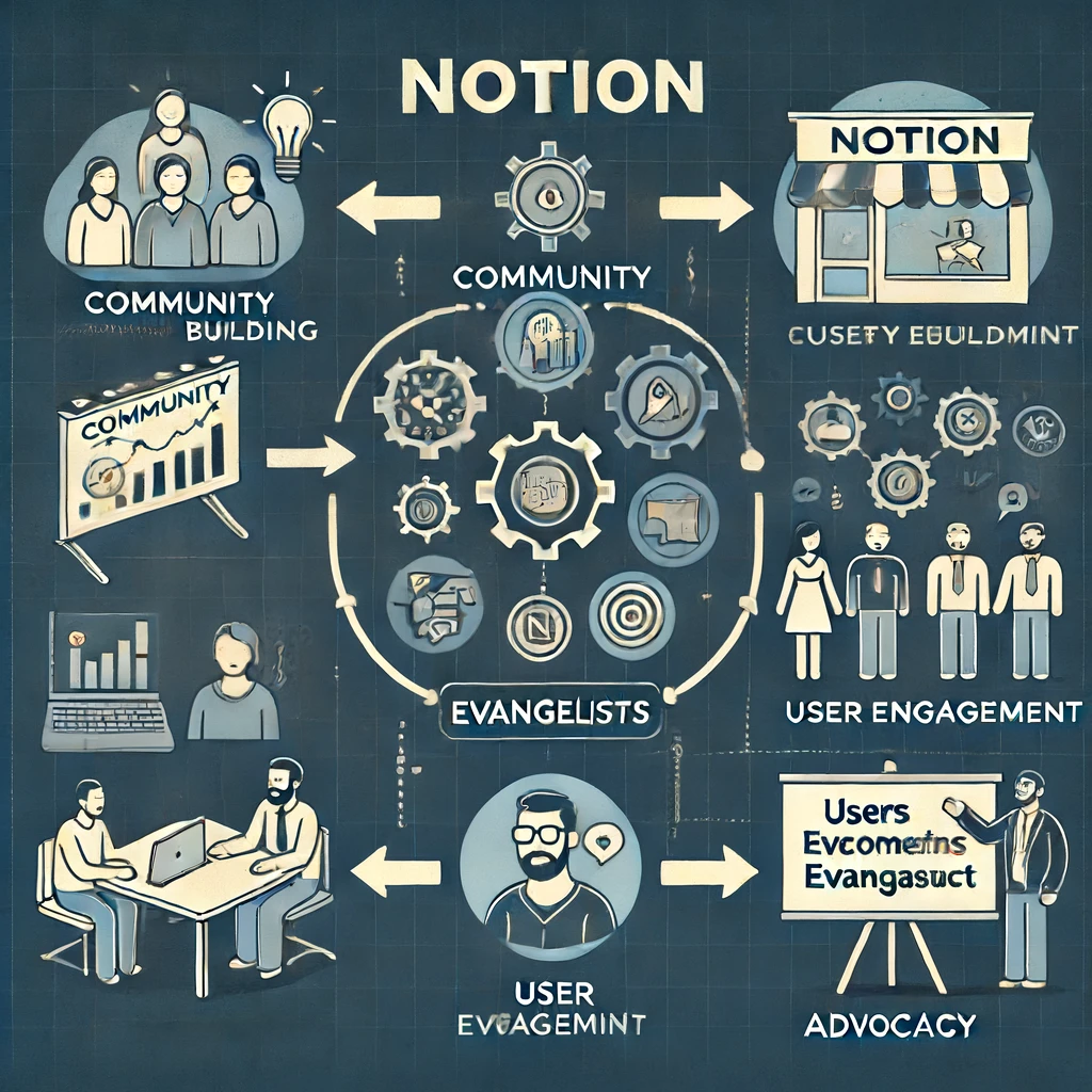 Diagrama ilustrando a estratégia de comunidade e evangelistas usada pelo Notion. O diagrama mostra o fluxo desde a construção da comunidade até os usuários se tornarem evangelistas e promoverem o produto, com ícones representando atividades comunitárias, engajamento de usuários e advocacia