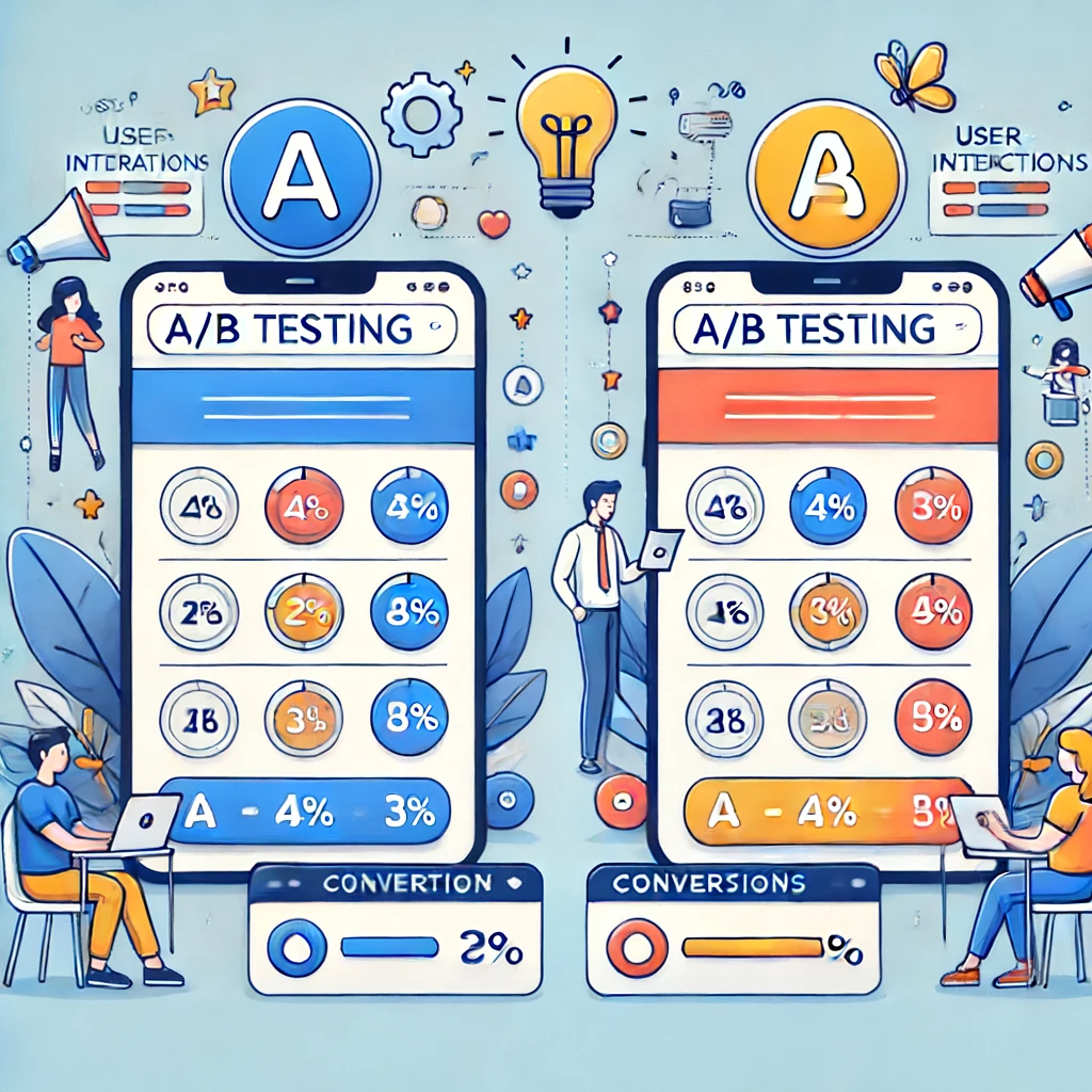 Ilustração mostrando o conceito do que é growth hacking com testes A/B com duas versões de uma página web, rotuladas como 'A' e 'B', destacando as interações dos usuários e taxas de conversão, comparando os resultados para mostrar qual versão tem melhor desempenho