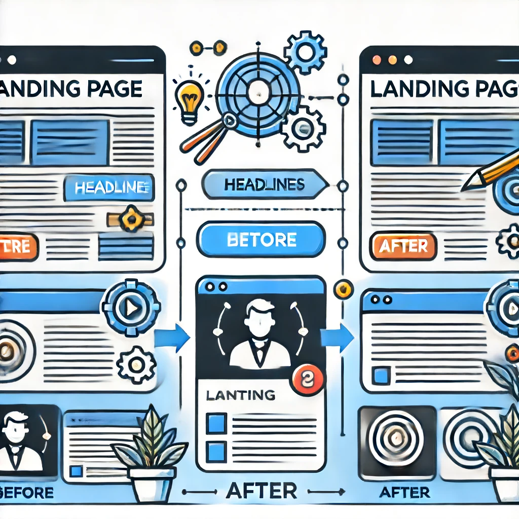 Ilustração do processo de otimização de landing pages, que faz parte do growth hacking incluindo uma página inicial com elementos-chave destacados como manchetes, botões de call-to-action e depoimentos de usuários, mostrando versões antes e depois para demonstrar melhorias no design e layout