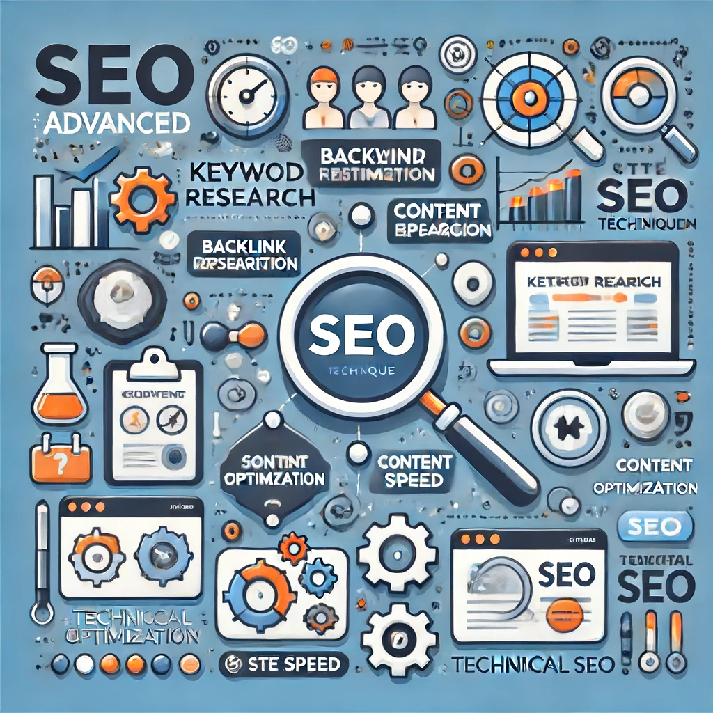 Ilustração mostrando técnicas avançadas de SEO, incluindo elementos como pesquisa de palavras-chave, construção de backlinks, otimização de conteúdo e aspectos técnicos de SEO como velocidade do site e compatibilidade móvel, com ícones representando cada técnica