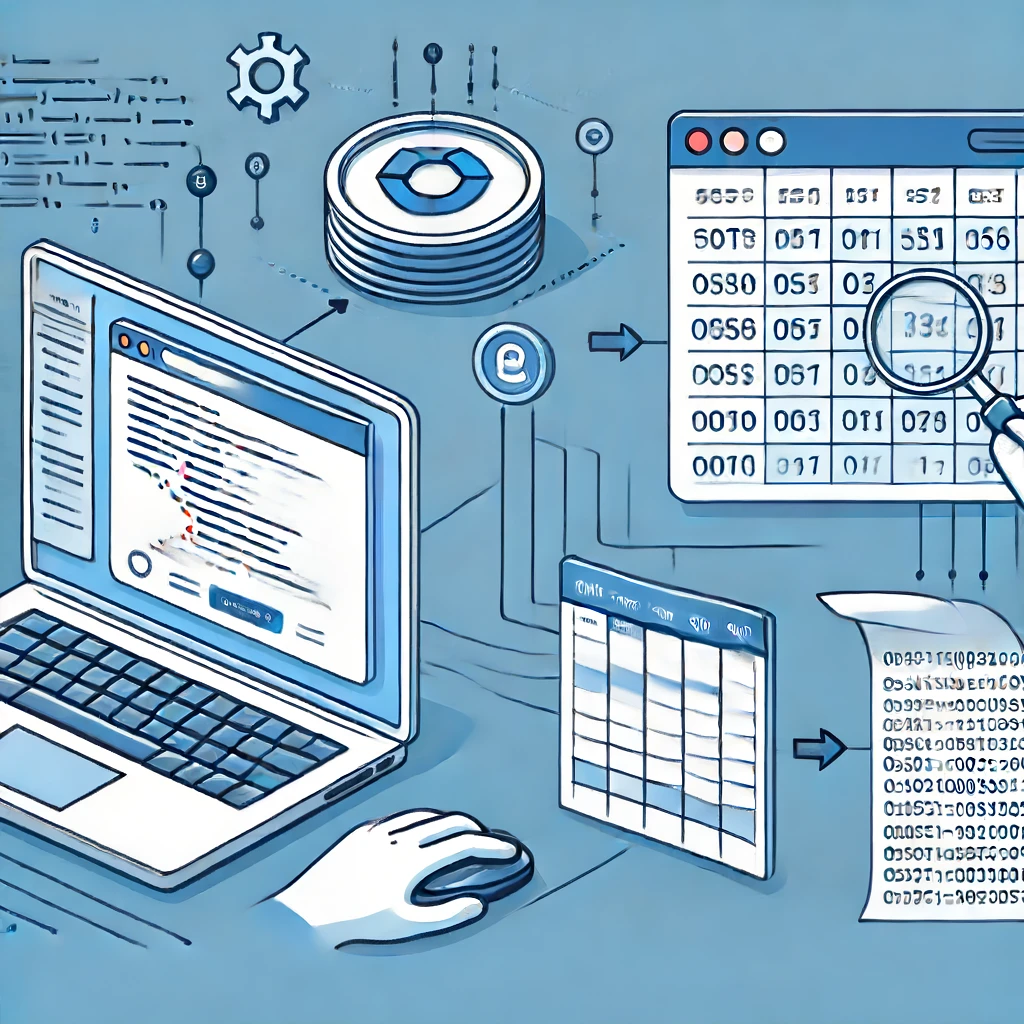 Ilustração mostrando o processo de growth hacking sob o ponto de vista da automação, web scraping, incluindo uma página web sendo raspada para dados, com trechos de código e uma saída de dados mostrada em um formato estruturado como uma planilha, mostrando o fluxo de extração, organização e análise de dados